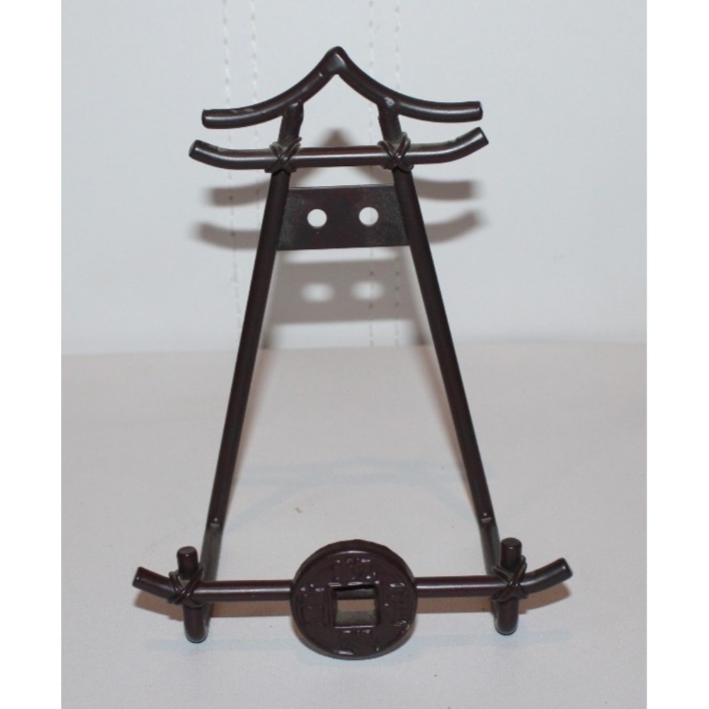 dark brown metal 6.5" pagoda shaped book artwork plate stand Asian decor